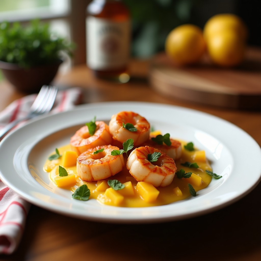 Brochetas de camarones y mango con glaseado de chile tailandés en Thermomix, servidas sobre hojas de cilantro con decoración de pulpa de mango y aceite de sésamo.