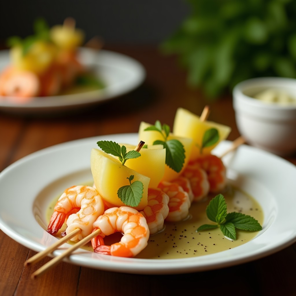 Brochetas de camarones rosados y jugosos con cubos de melón cantalupo dorado, servidas en una fuente de cerámica blanca con salsa de hierbabuena cremosa en un bol aparte, decoradas con hojas frescas de hierbabuena y un toque de pimienta de Alepo.