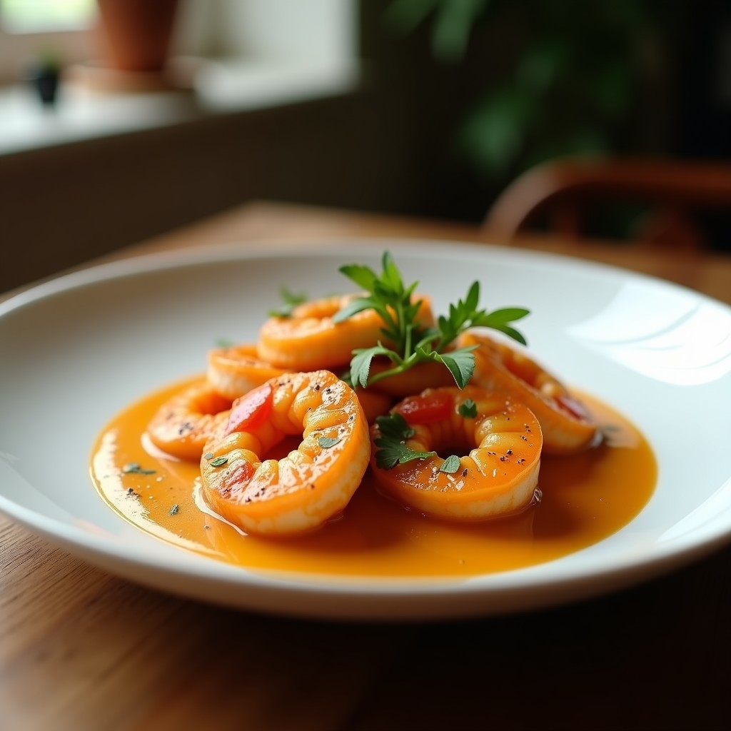 Brochetas de camarones al mojo de naranja y jengibre servidas en plato de madera, con trozos de pimiento rojo y cebolla morada dorados, decoradas con cilantro fresco y rodajas de naranja al fondo.
