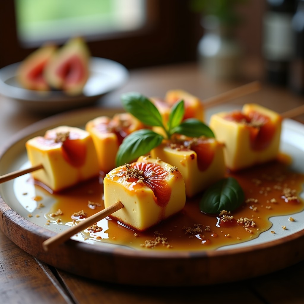 Brochetas doradas de Camembert y higo con reducción de miel brillante, servidas en una tabla de madera con romero fresco y sal en escamas, receta francesa en airfryer.