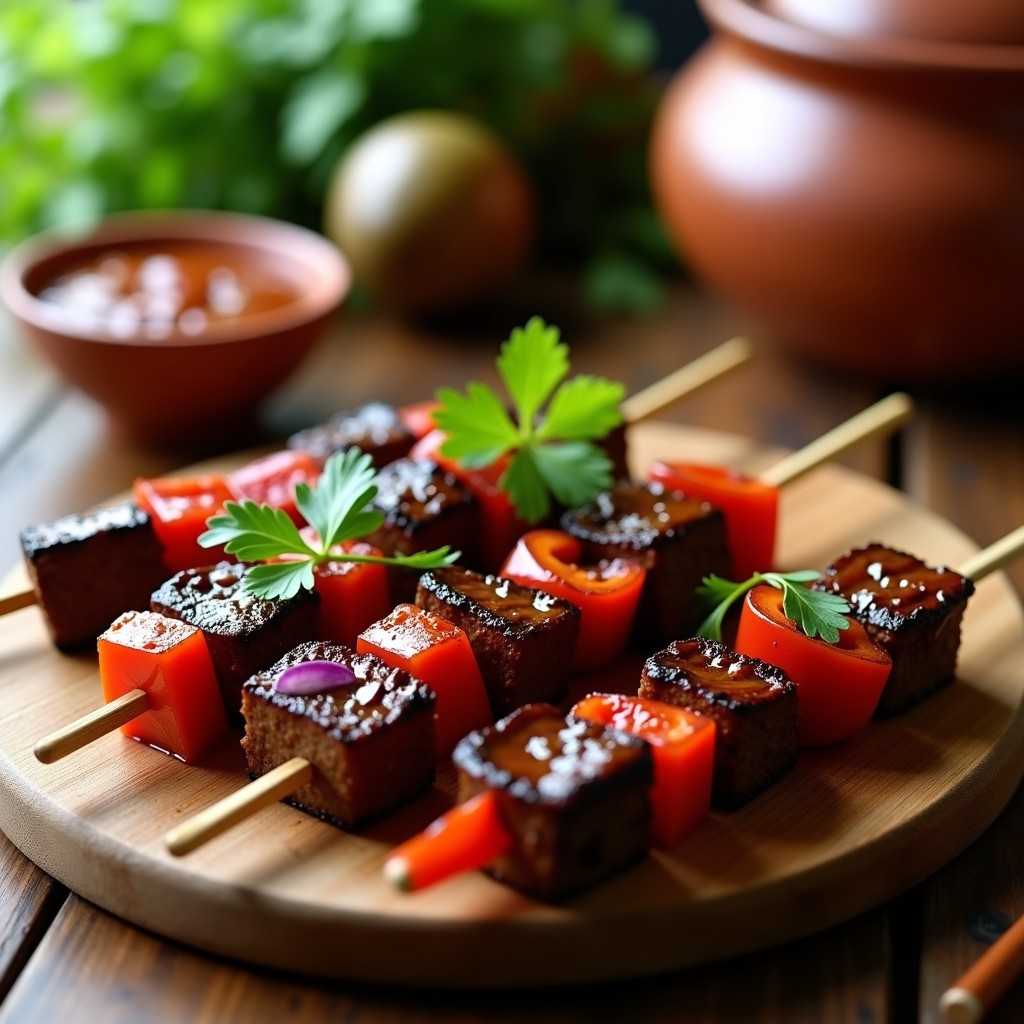 Brochetas de carne de res doradas y caramelizadas en palillos de madera, glaseadas con salsa de guayaba brillante, acompañadas de trozos de pimentón rojo y cebolla morada asados. Plato servido sobre una tabla de madera rústica con hojas de cilantro fresco espolvoreadas.