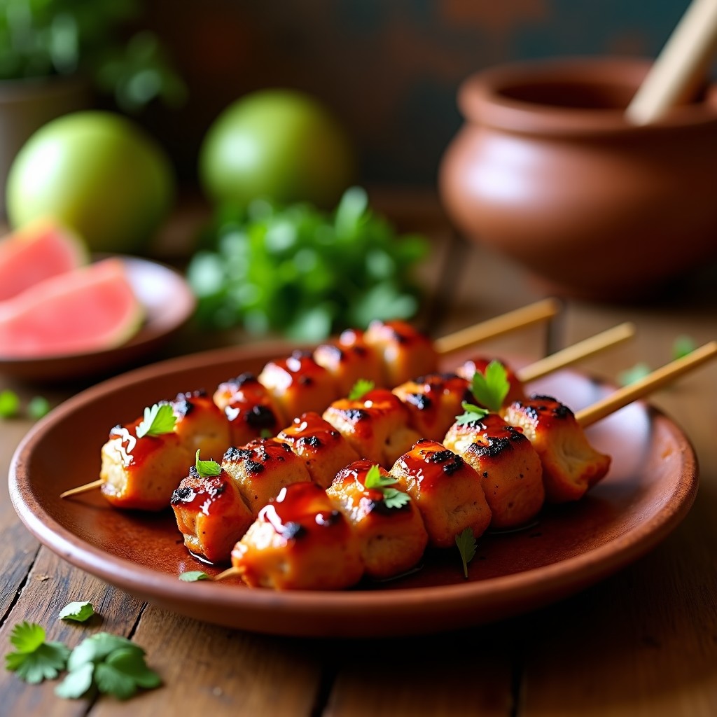 Brochetas de cerdo doradas al grill con trozos jugosos, bañadas en salsa brillante de guayaba y chile, servidas en plato de barro con rodajas de guayaba fresca y cilantro. Receta mexicana tradicional.
