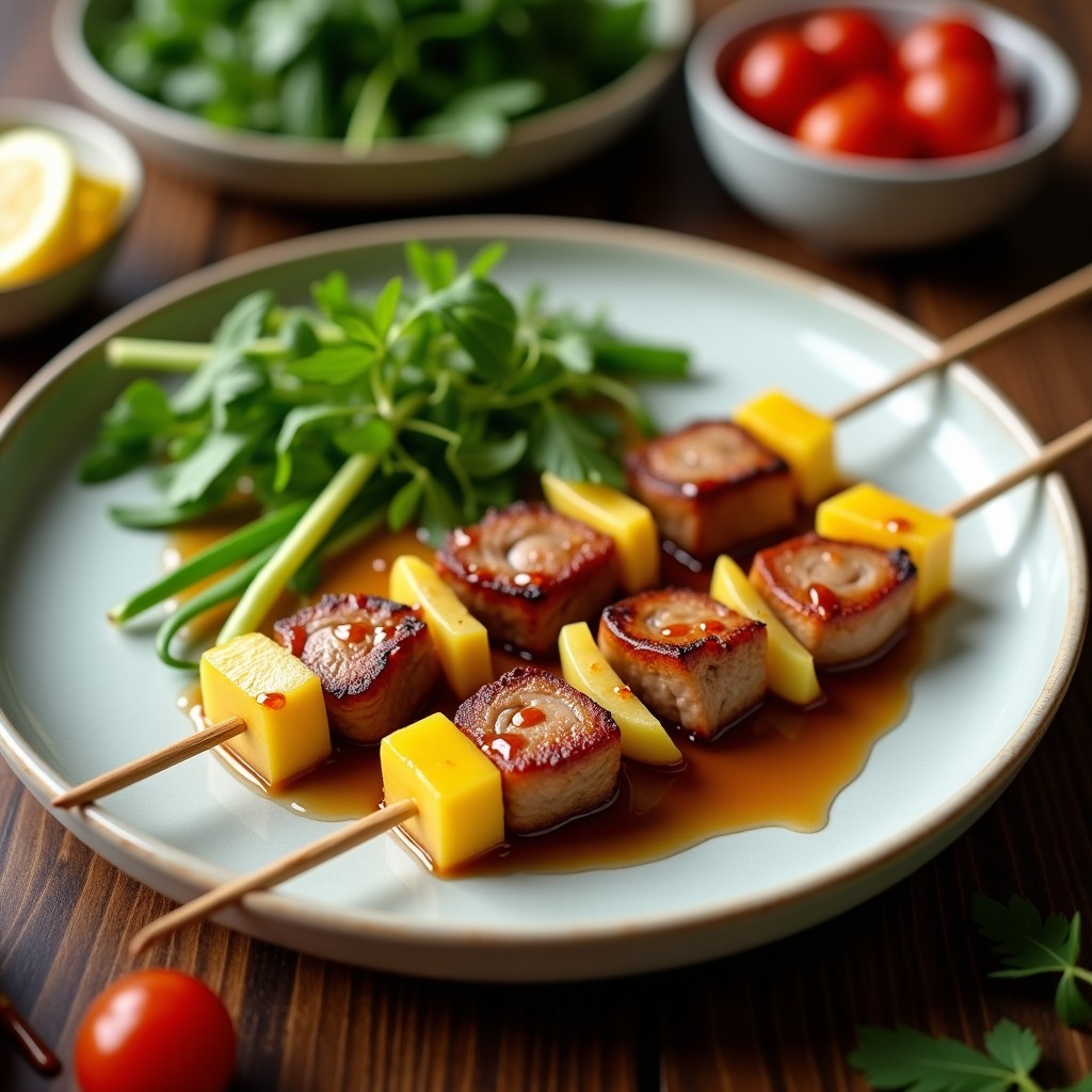Brochetas de cerdo y melón cantalupo glaseadas con miel y sésamo, doradas y crujientes, servidas en plato blanco con semillas de sésamo espolvoreadas y fondo de madera rústica, receta china en airfryer.