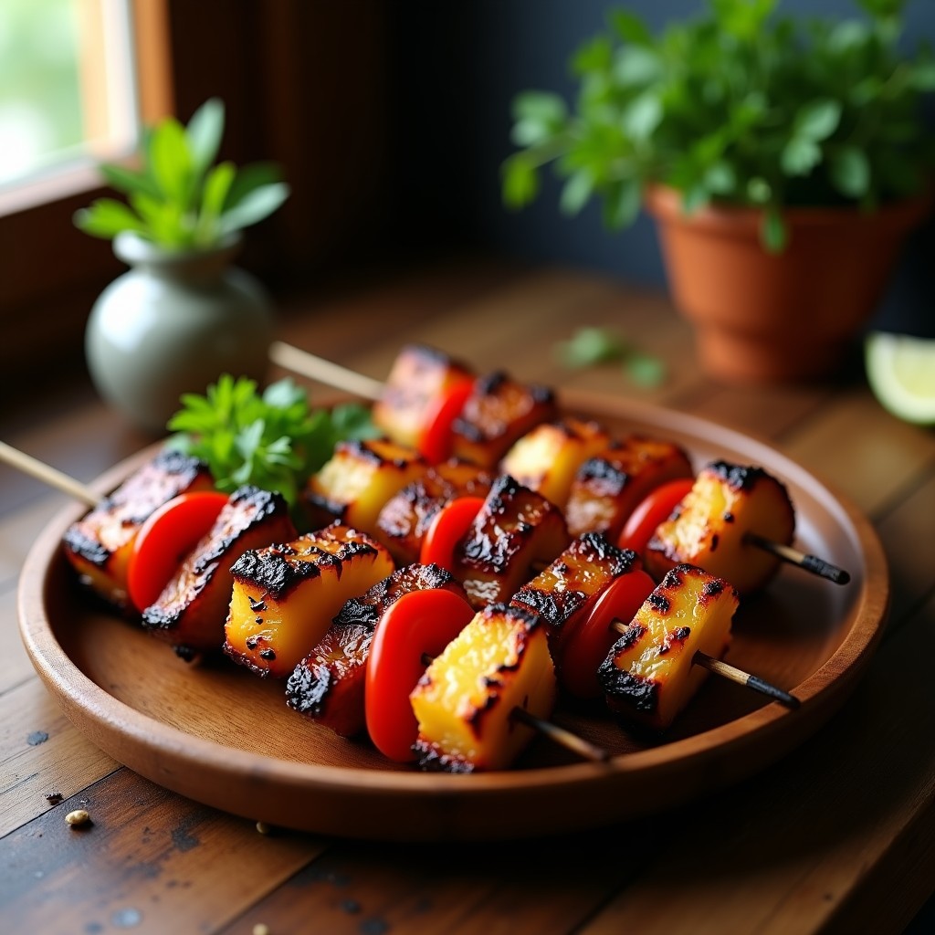 Brochetas de cerdo marinado en piña y cerveza negra servidas en plato de madera rústico, con trozos dorados de cerdo, piña caramelizada y pimiento rojo asado. Fondo borroso con hierbas frescas y rodaja de limón, receta cubana en airfryer.