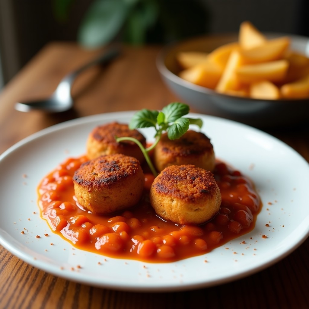 Brochetas doradas de corazón de alcachofa y panceta ibérica sobre plato de madera rústico, acompañadas de un bol de salsa romesco cremosa. Receta gourmet preparada en Thermomix.