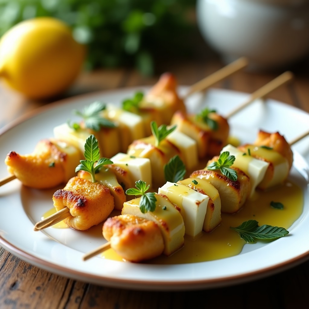 Brochetas doradas de corazón de alcachofa y queso de cabra en palillos de madera, servidas en plato blanco con vinagreta de limón y ajo, decoradas con hojas de albahaca fresca y rodajas de limón.