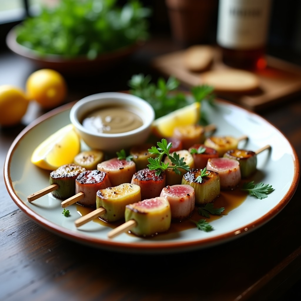 Brochetas de Corazón de Alcachofa y Ventresca con Alioli de Ajo Negro: Receta Española Gourmet