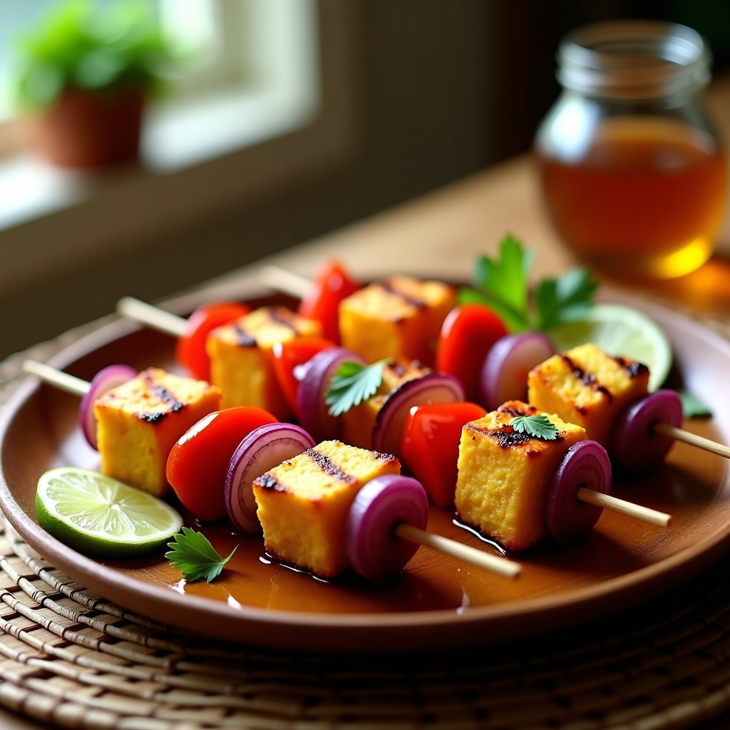 Brochetas doradas de corazón de palma y queso halloumi en airfryer, con trozos de pimiento rojo y cebolla morada, servidas en plato de madera con chorrito de miel de caña y limón verde.