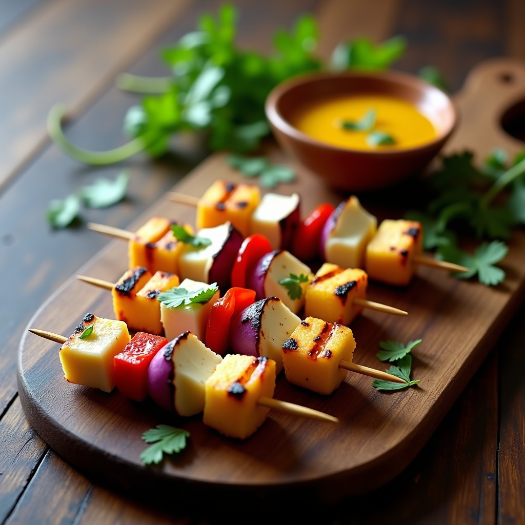 Brochetas doradas de corazón de palma y queso de anacardos en palillos de madera, servidas sobre plato blanco con salsa de maracuyá amarilla y cilantro fresco, entrante brasilero vegano con toques tropicales.