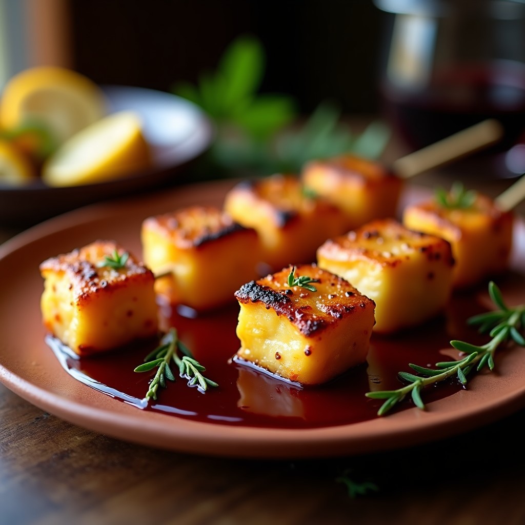 Brochetas doradas de corazón de palmito y provolone ahumado con reducción brillante de vino tinto, servidas en plato rústico con salsa para mojar. Receta argentina en airfryer, aperitivo gourmet.