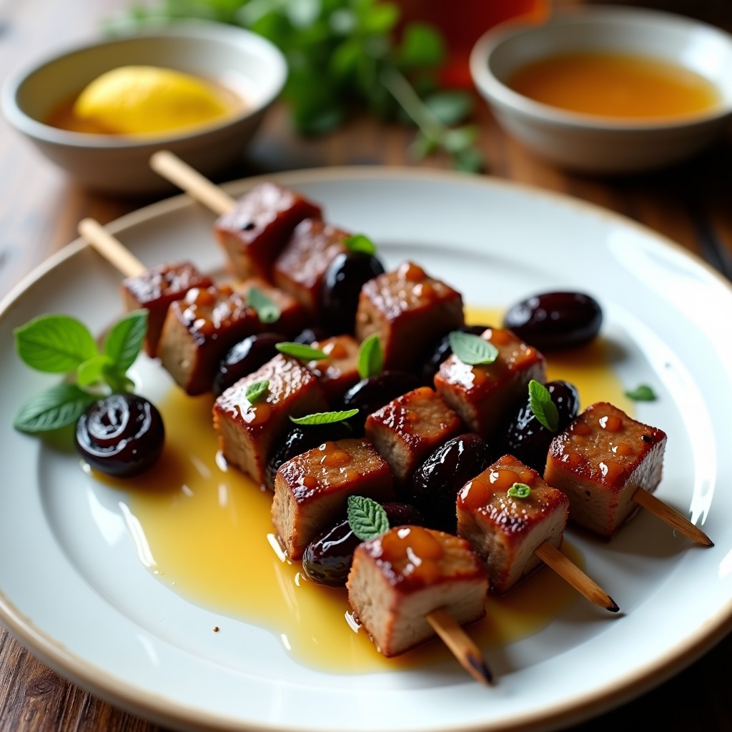Brochetas de cordero dorado con ciruelas pasas caramelizadas y miel de tomillo en airfryer, servidas en plato de cerámica blanca con almendras tostadas y hojas de tomillo fresco.