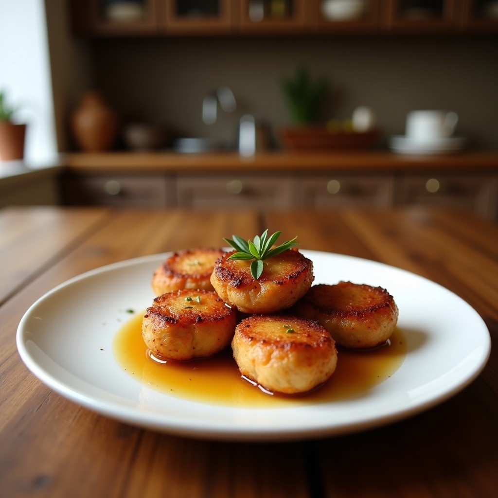 Brochetas de cordero dorado ensartadas con ciruelas ahumadas y almendras, bañadas en miel de granado, servidas sobre plato de cerámica blanca con hojas de menta fresca, receta persa en Thermomix.