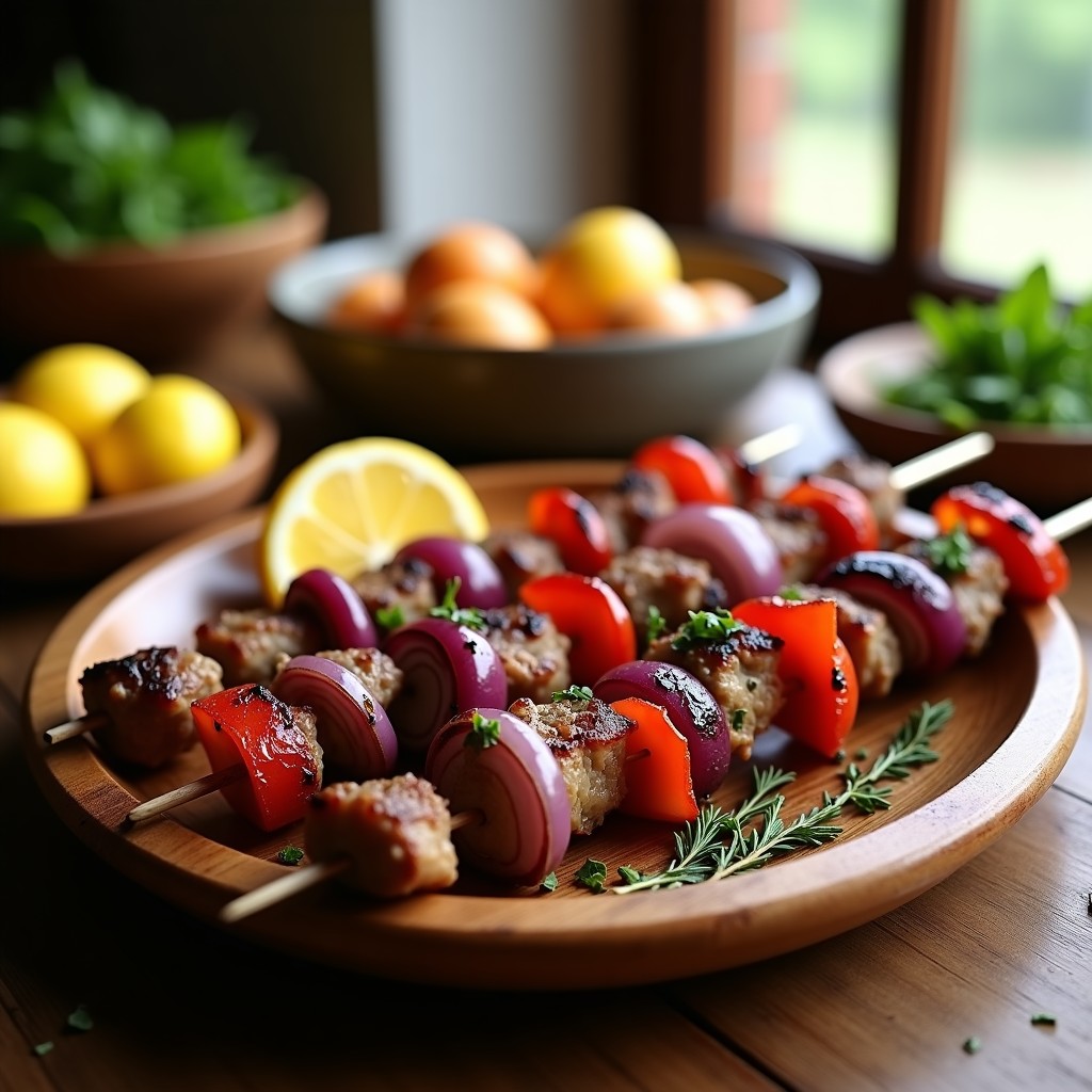 Brochetas de cordero doradas al grill con trozos de cebolla morada, pimiento rojo y limón, servidas en una fuente de madera rústica con hierbas provenzales espolvoreadas.