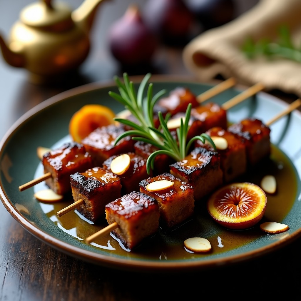 Brochetas de cordero dorado y higos caramelizados con hojas de romero en una fuente de barro, sobre un fondo de especias árabes y yogur con menta. Receta de brochetas de cordero con higos caramelizados y romero en Airfryer para Ramadán.