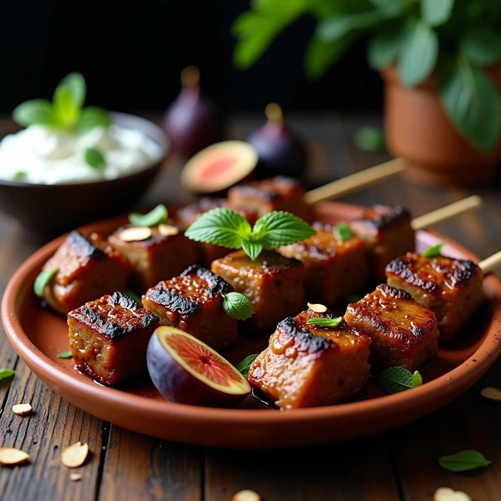 Brochetas de cordero con higos y miel en Airfryer, doradas y caramelizadas, servidas en plato de barro con almendras tostadas y hojas de menta, receta marroquí aérea.