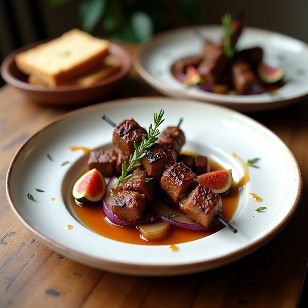 Plato de cerámica blanca con brochetas de cordero con higos y miel de tomillo en olla lenta, servidas sobre una cama de cebolla morada caramelizada y bañadas en salsa dorada espesa. Decorado con ramitas de tomillo fresco y un hilo de miel de tomillo griega.