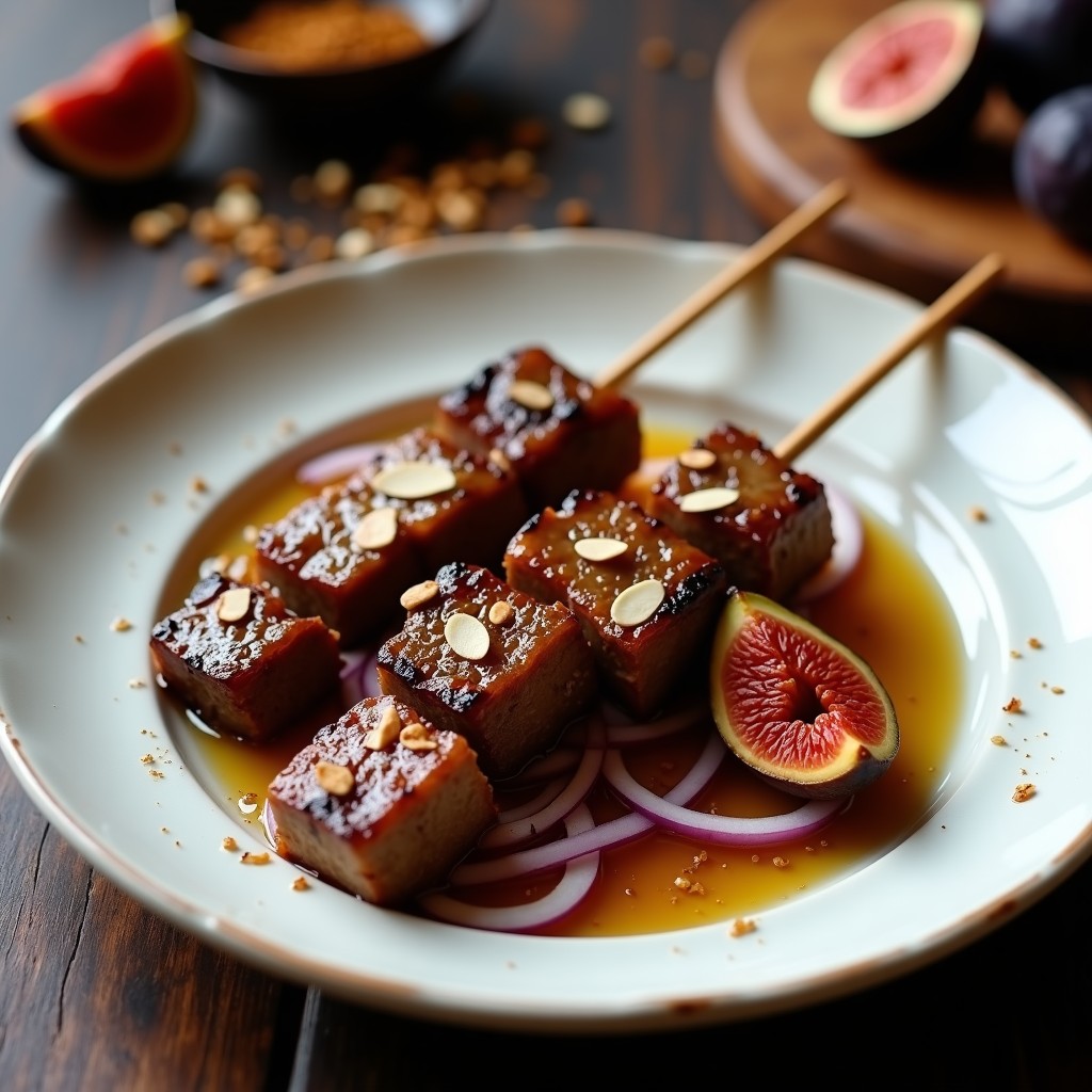 Brochetas de cordero dorado con higos caramelizados glaseados en miel, espolvoreadas con almendras fileteadas y servidas sobre cebolla morada en juliana, con un toque de especias marroquíes y agua de azahar.
