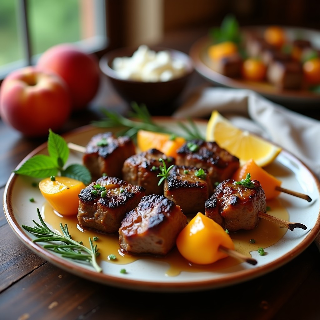 Brochetas de Cordero con Melocotón y Romero: Receta Griega a la Parrilla en 25 Minutos