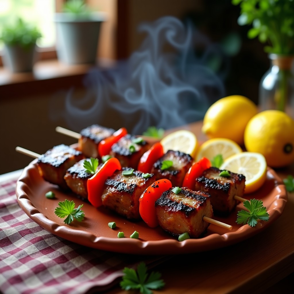 Brochetas de cordero doradas a la parrilla con trozos de cebolla morada y pimiento rojo, espolvoreadas con perejil fresco y servidas en una fuente de barro con rodajas de limón al lado. Receta española de brochetas de cordero con pimentón de la Vera y limón.