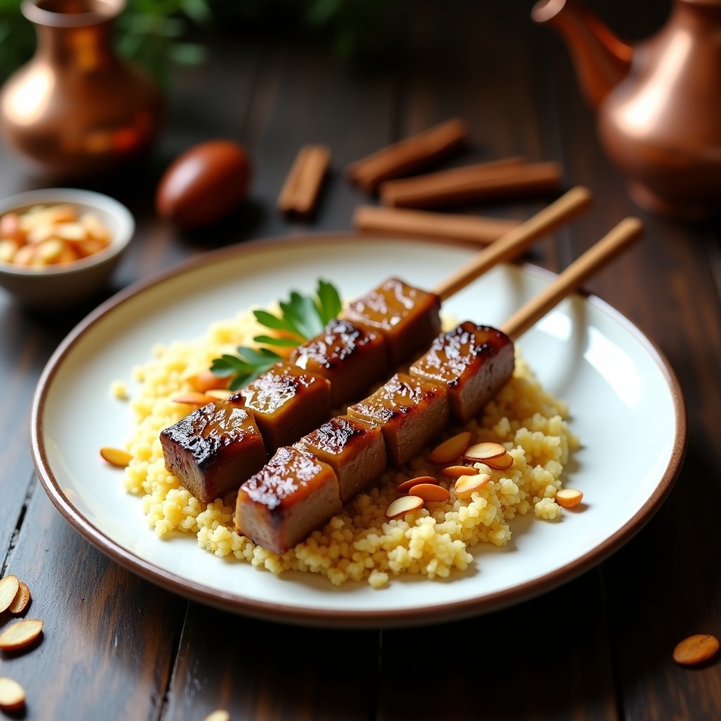 Brochetas de cordero al Ras el Hanout servidas sobre cuscús integral en un plato hondo de barro, con almendras fileteadas y perejil fresco. Caldo dorado y especiado napando la carne, acompañadas de gajos de limón.