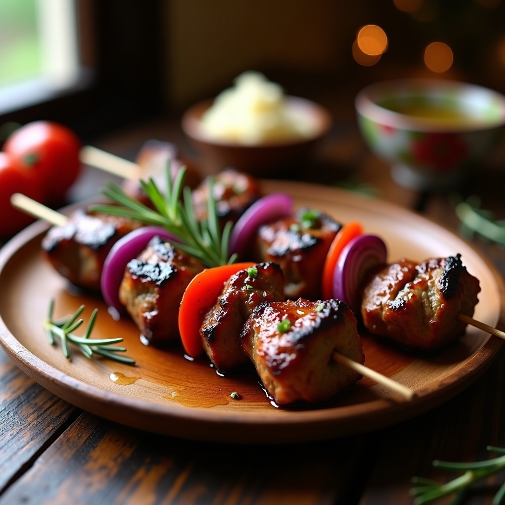 Brochetas de cordero al romero en palillos de madera, con trozos de cebolla morada y pimiento rojo, doradas al grill y decoradas con ramitas de romero fresco.
