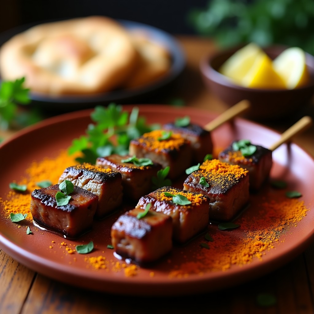 Brochetas marroquíes de cordero y hígados doradas, servidas en plato de barro con especias visibles y perejil fresco, acompañadas de pan de pita.