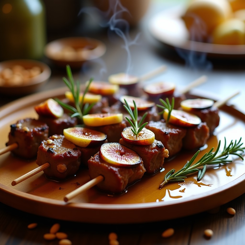 Brochetas de cordero y higos asados en bandeja rústica, glaseados con miel y romero, con almendras fileteadas y fondo borroso de cocina mediterránea.