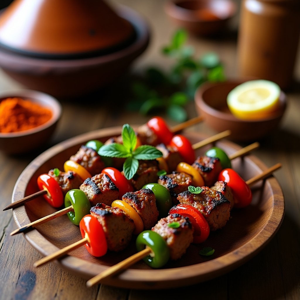 Brochetas de cordero marinado en yogur y especias beréber asándose en una barbacoa de carbón, con trozos dorados y jugosos, acompañadas de limón y perejil fresco, receta tradicional argelina.