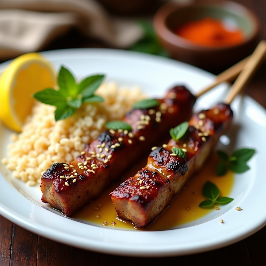 Brochetas de cordero doradas y jugosas en palillos de madera, marinadas en yogur y especias marroquíes, con almendras tostadas y perejil fresco espolvoreado, servidas sobre un plato de barro con fondo borroso de especias y hierbas.