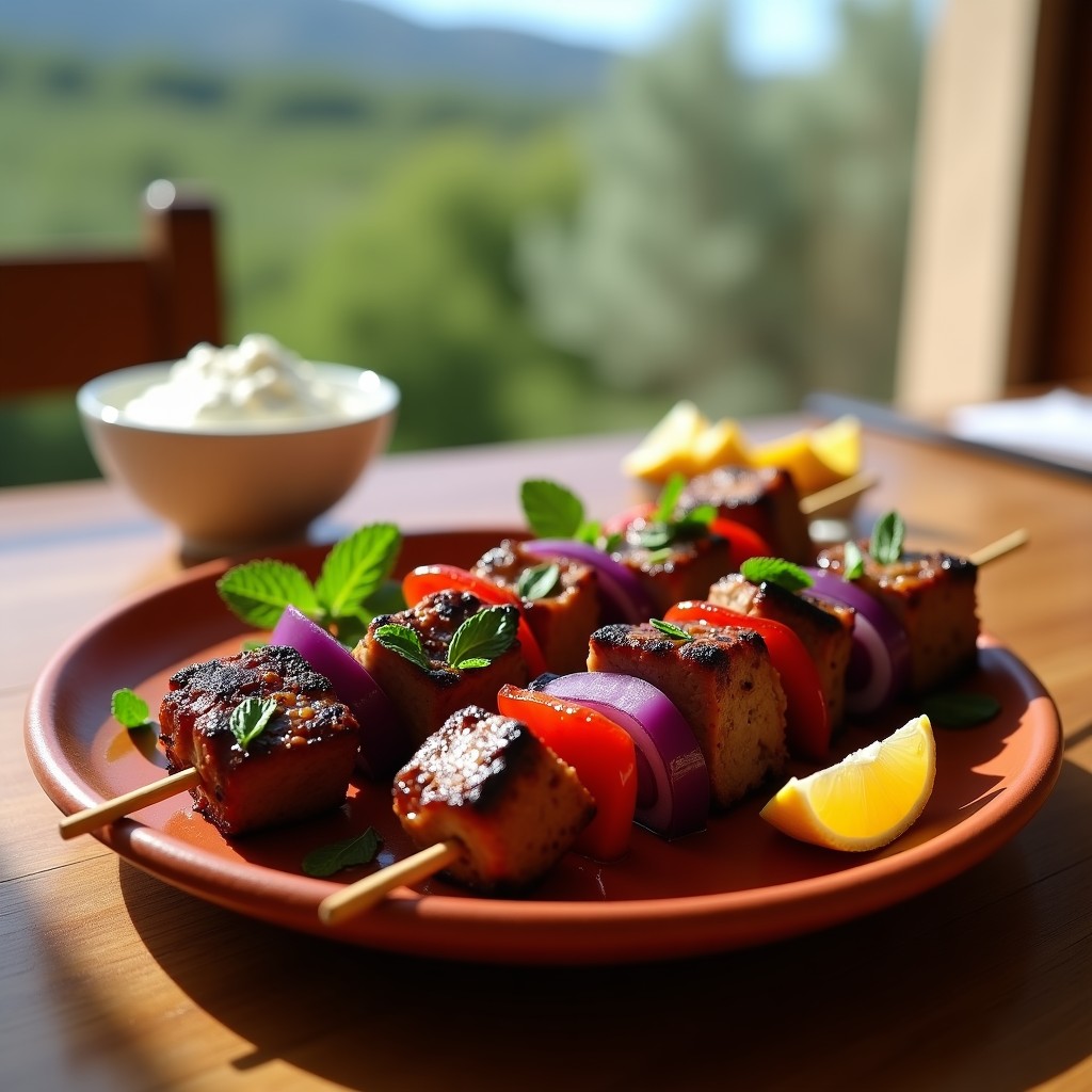 Brochetas de cordero dorado al grill con trozos de cebolla morada y pimiento rojo, servidas en plato de barro con hojas de menta fresca y un cuenco de yogur griego al lado. Receta griega tradicional.