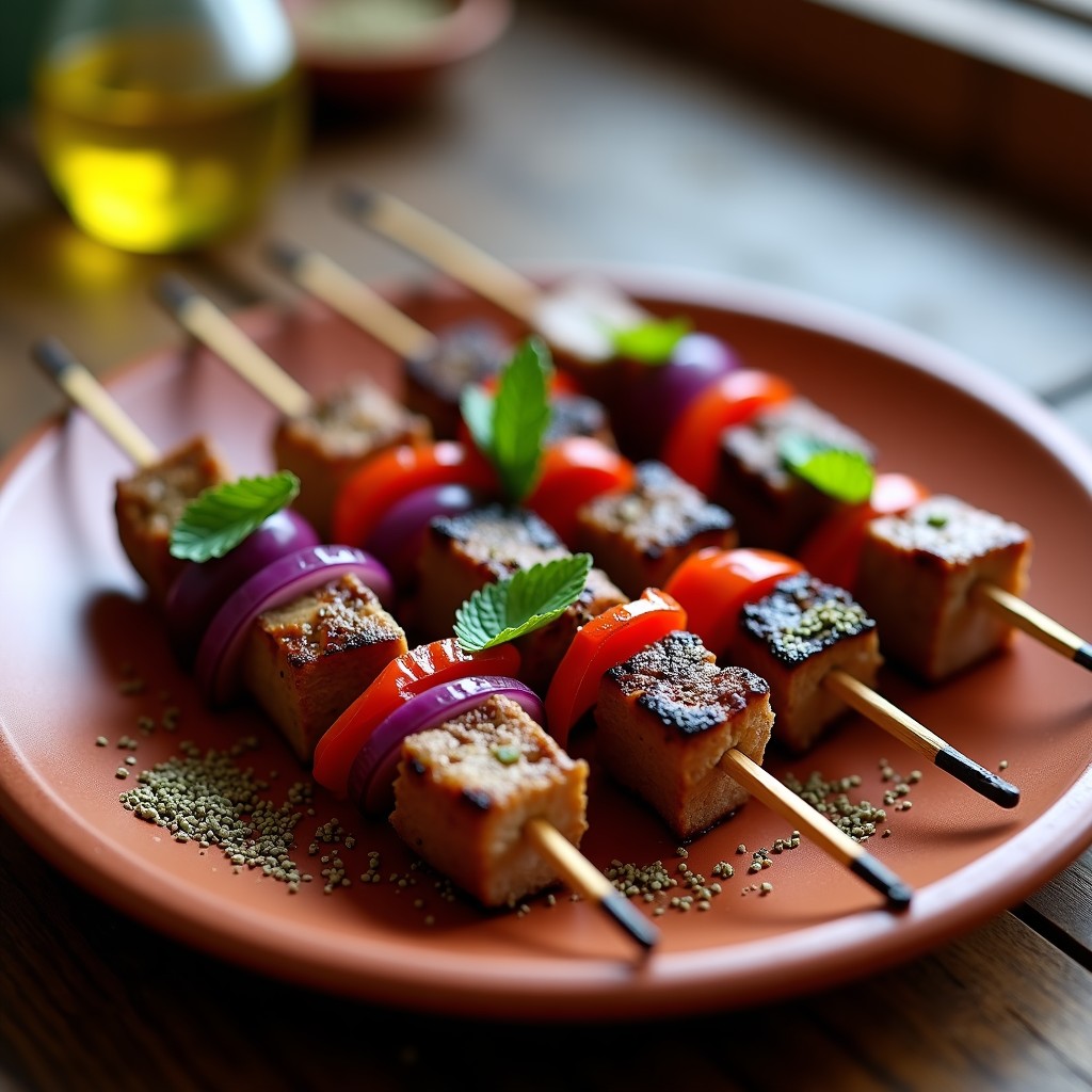 Brochetas de cordero doradas con trozos de cebolla morada y pimiento rojo, espolvoreadas con zaatar y decoradas con hojas de menta fresca, servidas en plato de barro con chorrito de aceite de oliva virgen extra.