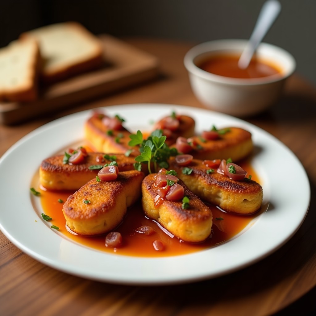 Brochetas de dátil y bacon wrapped doradas y crujientes en bandeja de madera, con salsa de arce y mostaza espesa al lado. Plato dulce-salado en airfryer con contraste de colores cálidos y texturas jugosas.