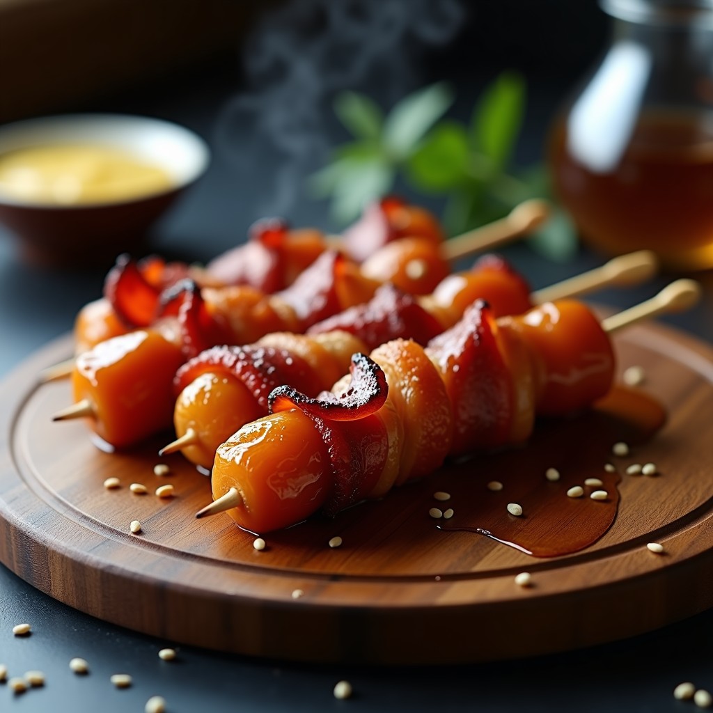 Brochetas de dátil y bacon vegano con glaseado de arce doradas y crujientes, servidas en un plato de madera con semillas de sésamo negro espolvoreadas. Aperitivo vegano en airfryer con contraste dulce-salado.