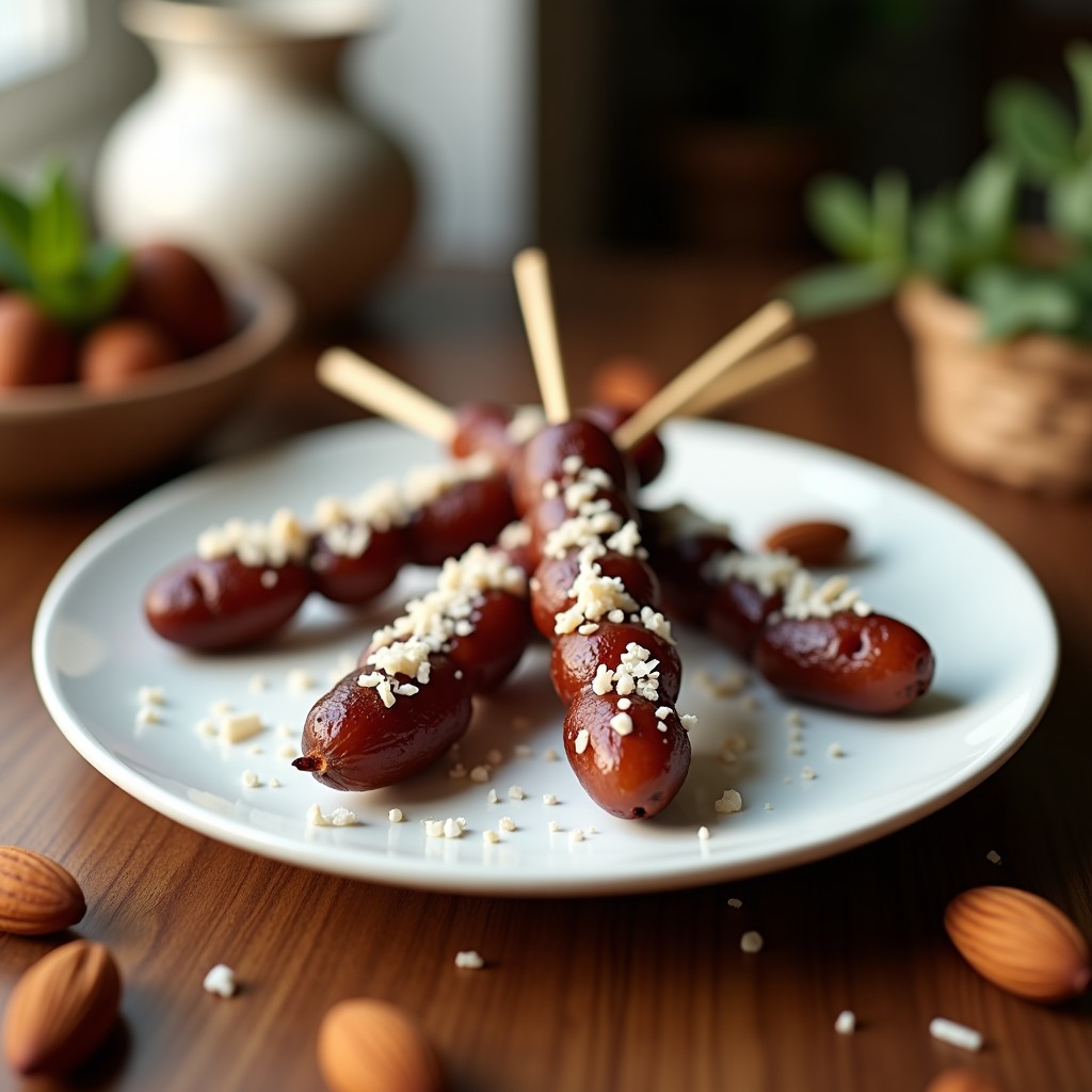 Brochetas de dátiles Medjool dorados rellenos de almendras tostadas y cubiertos de coco rallado, decorados con pistachos picados y semillas de sésamo. Postre árabe sin horno sobre una bandeja de madera rústica con fondo de té de menta.