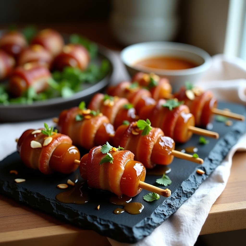 Brochetas de dátiles Medjool envueltos en bacon crujiente, doradas y brillantes, servidas en plato blanco con salsa de miel espesa y semillas de sésamo, fondo oscuro para resaltar el contraste dulce-salado.