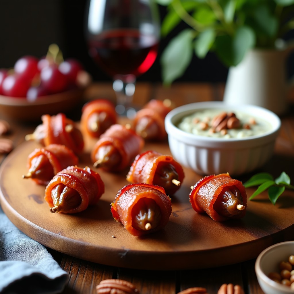Brochetas de dátiles Medjool rellenos de nuez pecana, envueltos en bacon ahumado dorado y crujiente, servidas en una fuente de madera con salsa cremosa de queso azul en un bol de cerámica blanca, decoradas con virutas de nuez. Receta de aperitivo dulce-salado para fiestas.