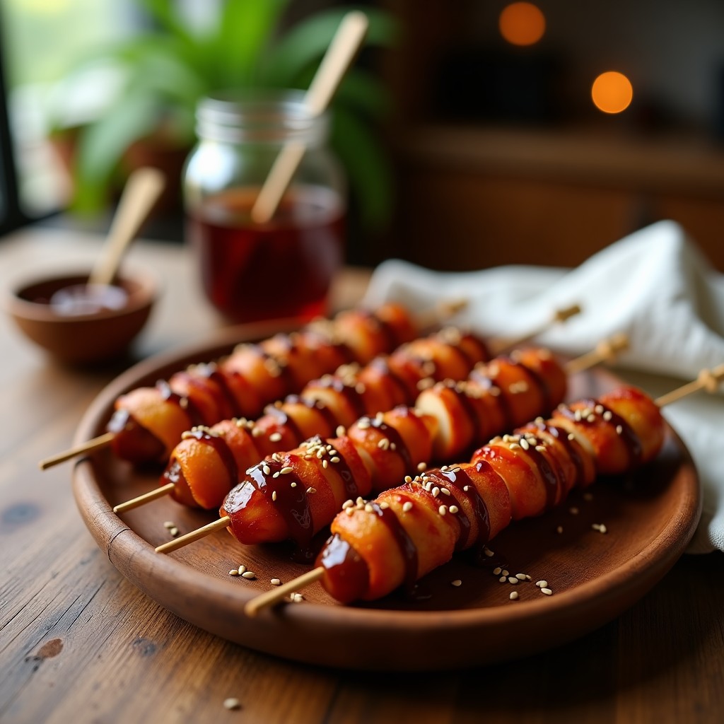 Brochetas de dátiles Medjool rellenos de bacon vegano crujiente, asados al horno con salsa barbacoa brillante y semillas de sésamo. Aperitivo ahumado vegano en plato de madera rústico.