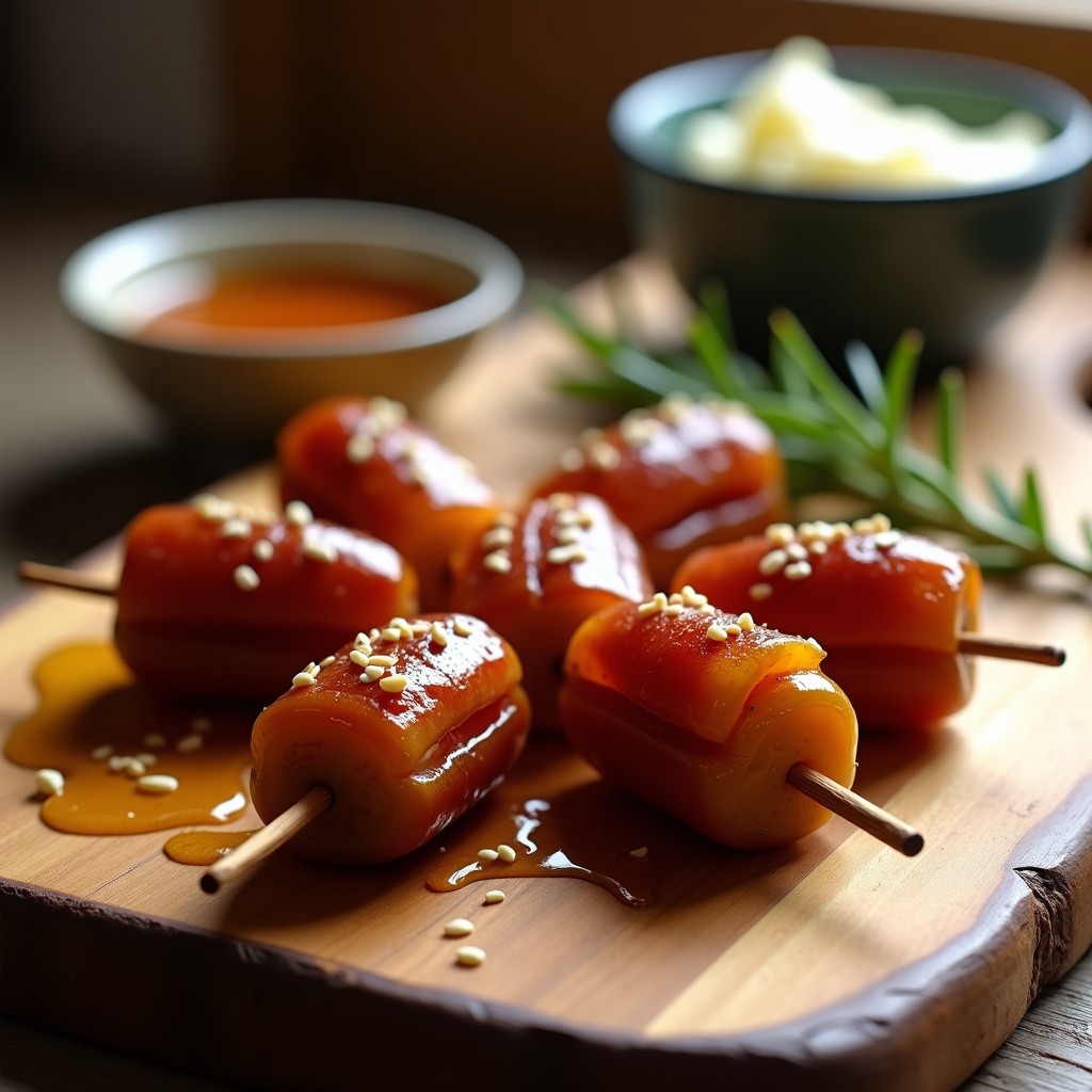 Brochetas doradas de dátiles Medjool rellenos de bacon vegano ahumado, glaseadas con miel y espolvoreadas con sésamo, servidas en una tabla de madera rústica con romero fresco al fondo. Receta dulce-salada en airfryer.