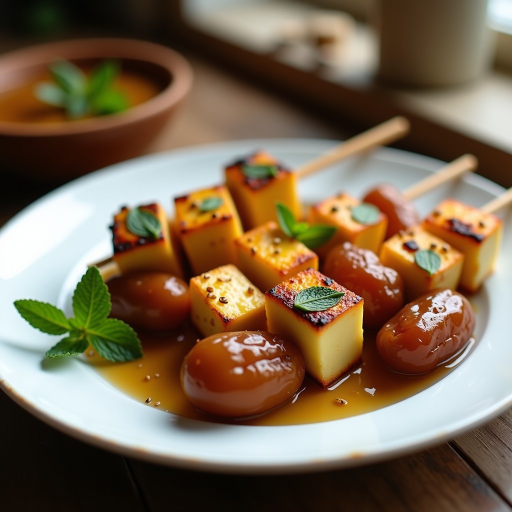 Brochetas de dátiles Medjool rellenos de queso halloumi dorado a la plancha, con semillas de sésamo y hojas de menta fresca, servidas en plato de cerámica blanca sobre fondo rústico.