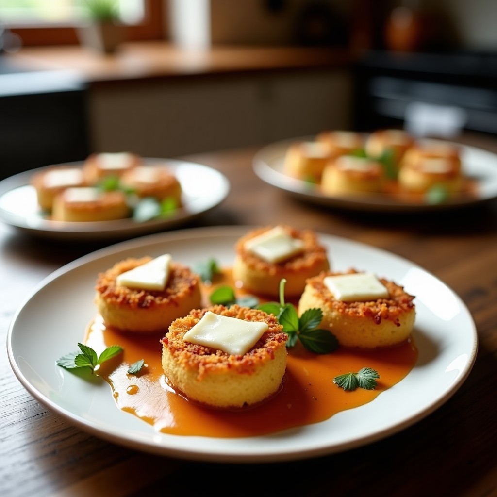 Brochetas doradas de dátiles rellenos de queso halloumi crujiente, servidas sobre semillas de granada fresca y bañadas en salsa de granada brillante, decoradas con hojas de menta, receta chipriota en airfryer.