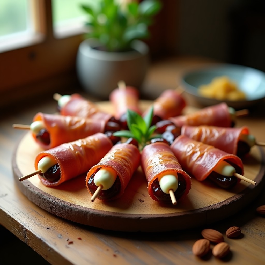 Brochetas de dátiles Medjool rellenos de queso cremoso de anacardos, enrollados en láminas de jamón serrano vegano, con un brillo de miel de agave y espolvoreados de pistachos picados. Presentadas en bandeja de madera con fondo borroso, ideal como entrante gourmet sin lactosa.