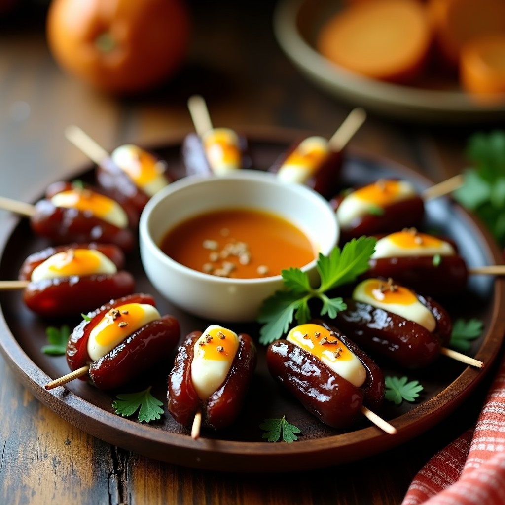 Brochetas de dátiles Medjool rellenos de queso de anacardos cremoso, decoradas con semillas de sésamo tostadas y hojas de menta fresca, servidas con una salsa de tamarindo oscura en un bol pequeño. Aperitivo árabe keto elegante y colorido sobre fondo rústico de madera.