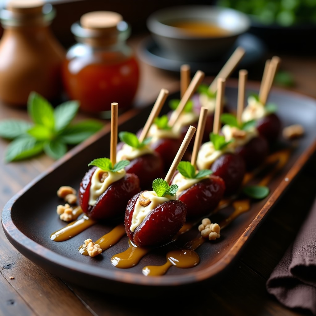 Brochetas de dátiles Medjool dorados rellenos de queso azul cremoso, alternados con nueces pecanas caramelizadas y espolvoreadas con semillas de sésamo y pimienta rosa, servidas en tabla de madera rústica con fondo oscuro.