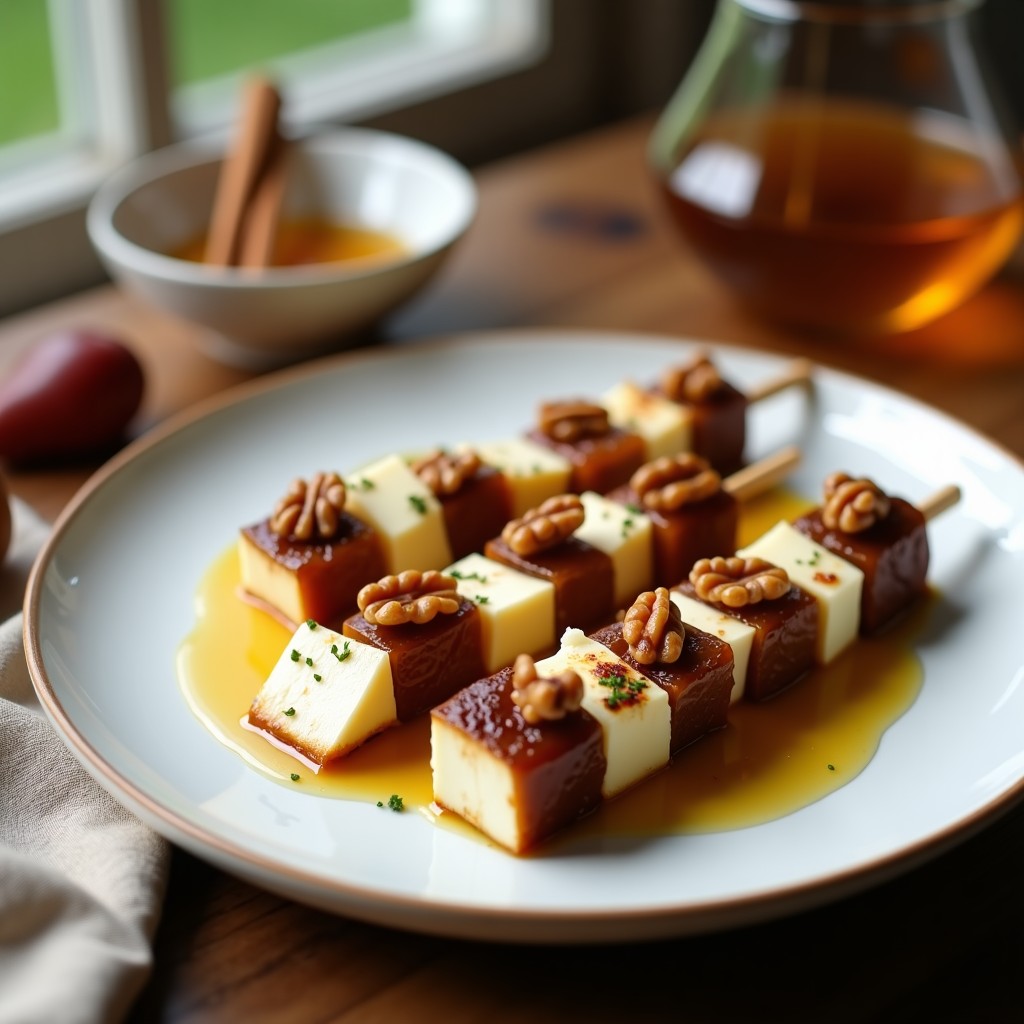 Brochetas gourmet de dátiles Medjool rellenos de queso de cabra fresco y hojas de menta, bañadas en reducción de miel de tomillo con nueces picadas, servidas en bandeja de madera rústica con fondo desenfocado.