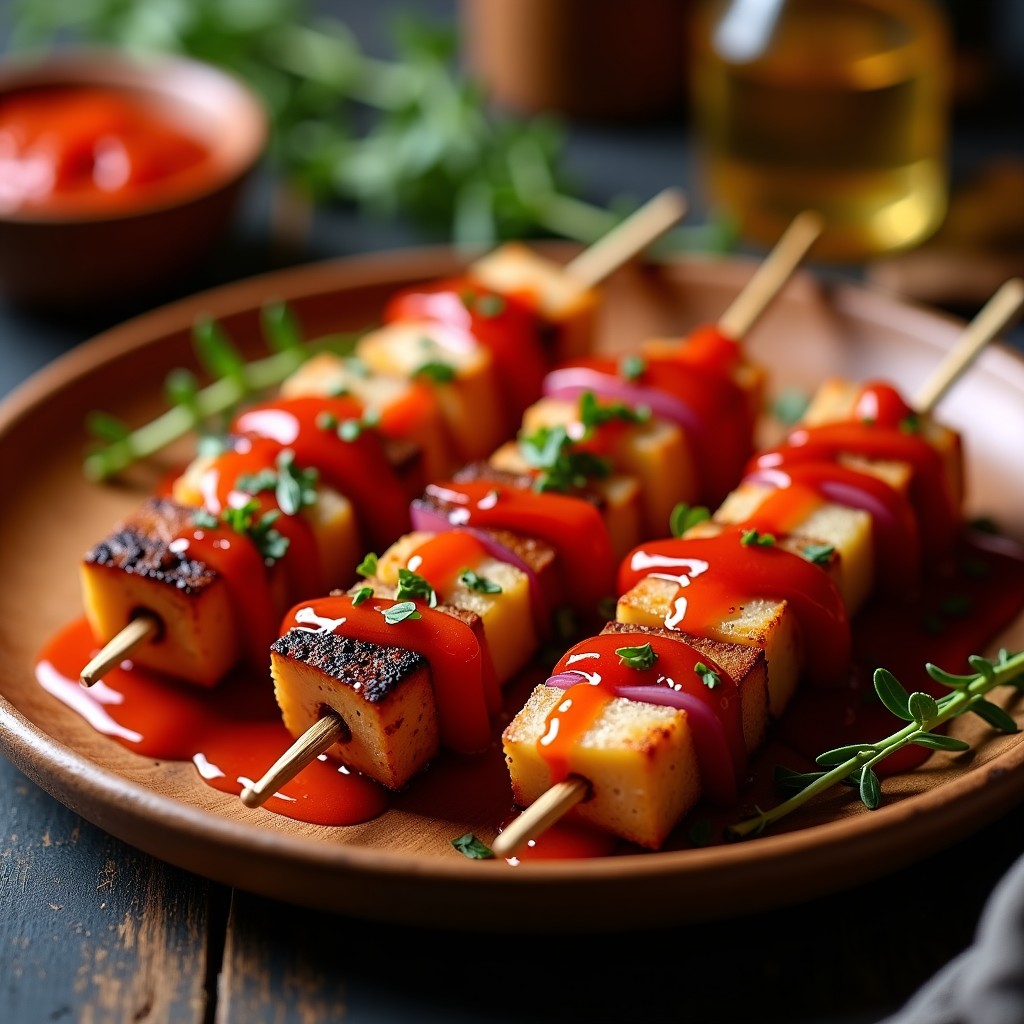 Brochetas de atún al mojo picón dispuestas en un plato de madera rústico, con trozos de pimiento rojo y cebolla morada asados, bañados en salsa mojo picón de color rojo intenso. Receta en airfryer.