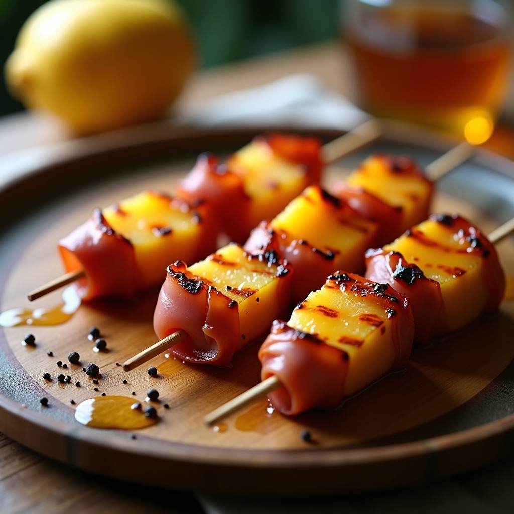 Brochetas doradas de piña caramelizada y jamón serrano grillado sobre una tabla de madera rústica, con un brillo de miel y pimienta negra espolvoreada.