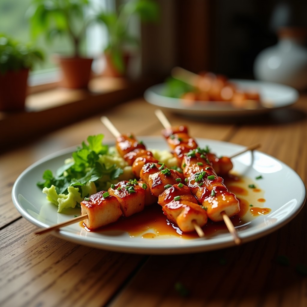 Brochetas de pollo teriyaki doradas en airfryer, con trozos de pimiento rojo y cebolla morada, espolvoreadas con semillas de sésamo y bañadas en salsa teriyaki brillante.
