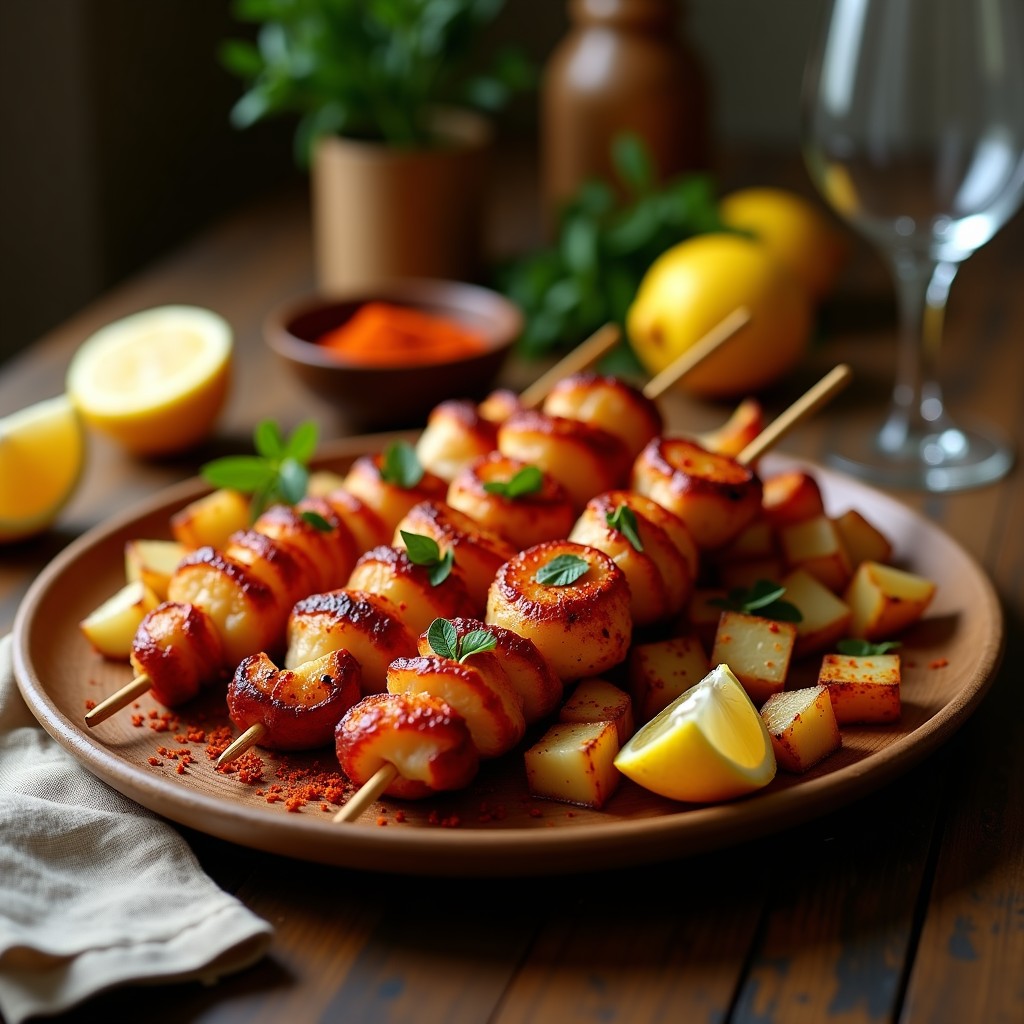 Brochetas de pulpo a la gallega en airfryer, doradas y crujientes, servidas en plato de madera con rodajas de limón y pimentón espolvoreado.