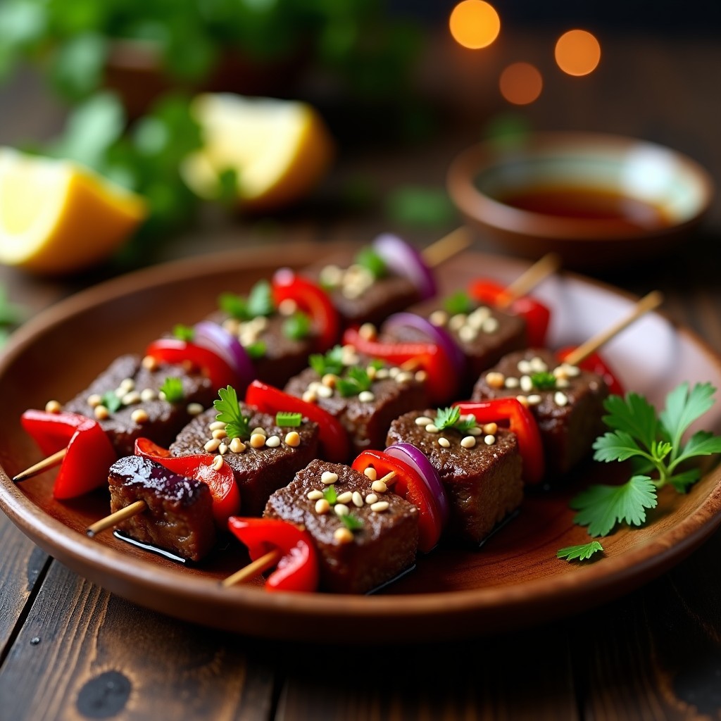 Brochetas de ternera marinadas con jengibre y soja, servidas en plato de madera con semillas de sésamo y acompañadas de rodajas de limón y hierbas frescas.