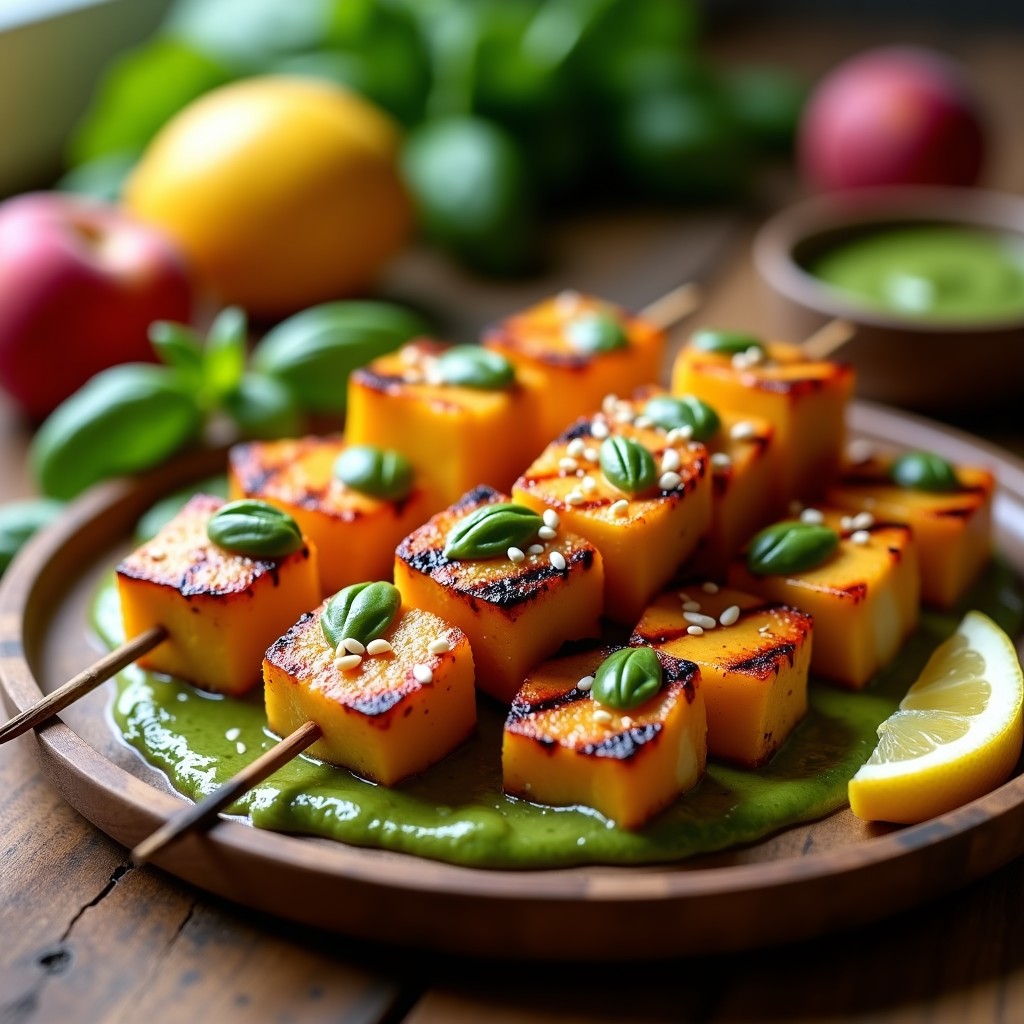 Brochetas de durazno y halloumi a la parrilla con salsa de albahaca, aperitivo vegano gourmet con marcas de parrilla en los trozos de queso y fruta, servidas en plato rústico con salsa verde y semillas de granada.